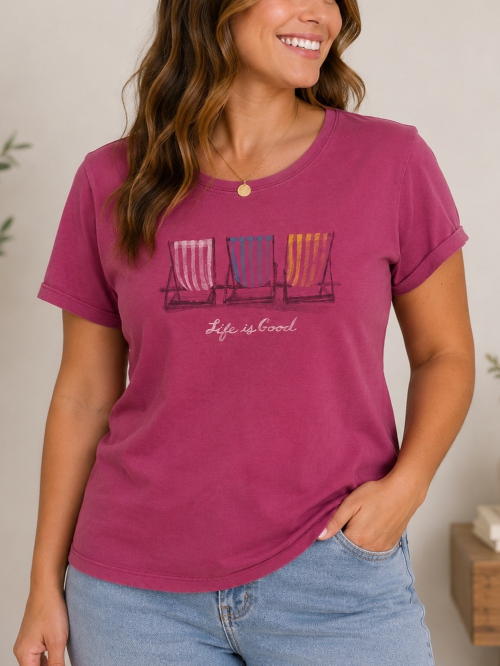 Life Is Good Raspberry Pink Short-Sleeve Graphic Tee with Beach Chairs